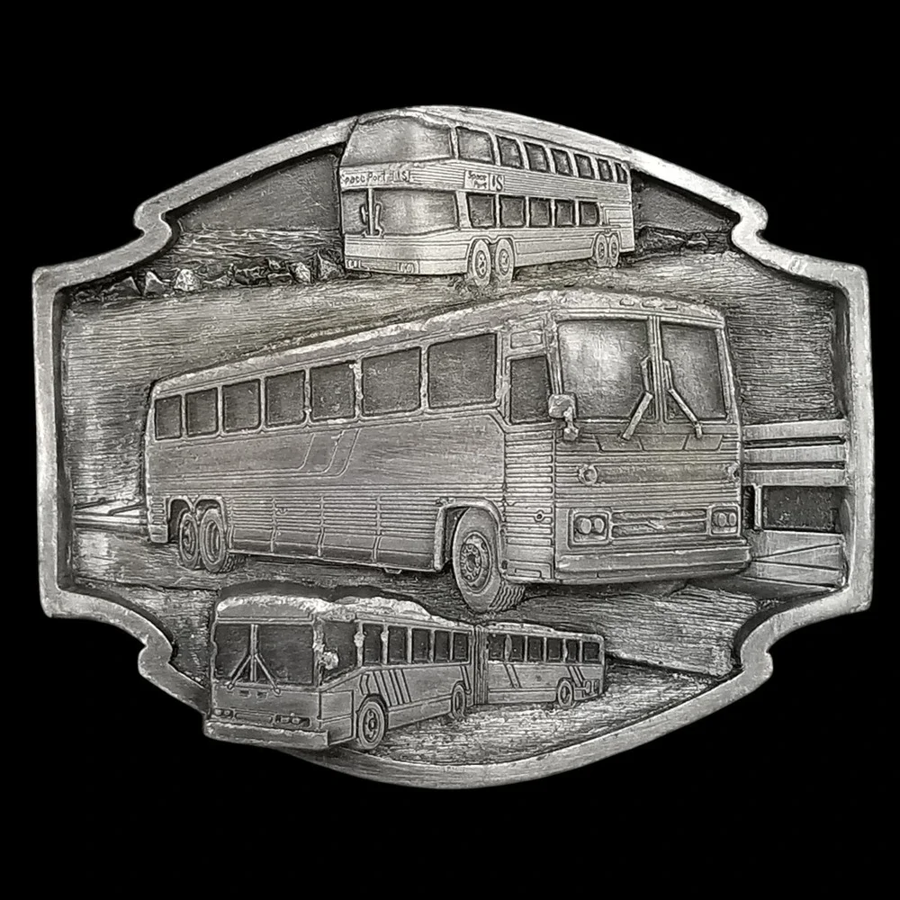Vintage Buses Move The World Belt‎ Buckle USA Made Pewter Novelty Transportation